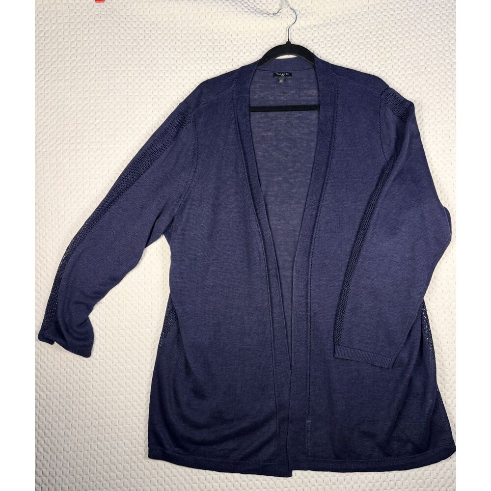 Talbots Navy Blue 100% Linen Open Front Cardigan w/ Pointelle Detailing Size 2X